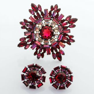 Schreiner Red Rhinestone Pin Brooch And Earrings Set