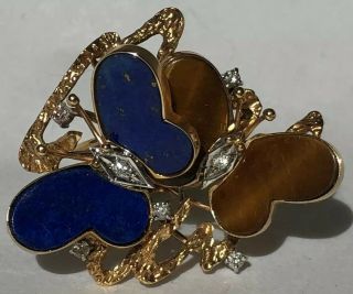 Vintage 14k Yellow Gold Diamonds Lapis Lazuli Butterfly Statement Cocktail Ring