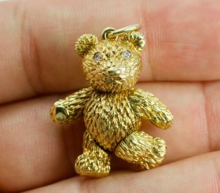 18k Yellow Gold Diamond Eyes Teddy Bear Pendant With Moving Arms,  Legs And Head
