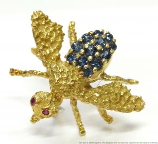 18k Gold Quality Natural Sapphire Ruby Eye Bee Pin Vintage Insect Bug Brooch 6gr