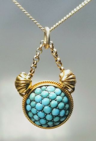 19th Century Victorian 14k Yellow Gold And Turquoise Pendant With 16 " Necklace