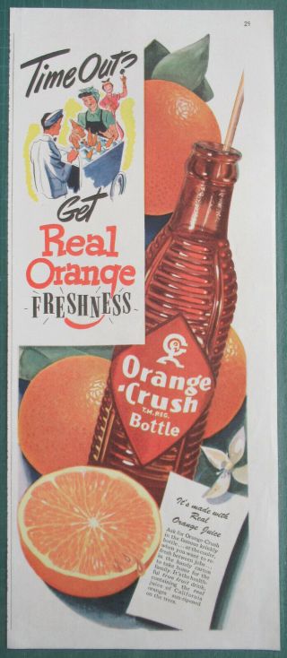 1944 Canadian Orange Crush Print Ad Cooler Krinkly Bottle