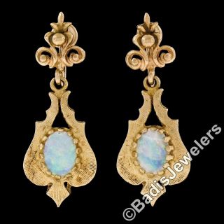 Vintage 14k Yellow Gold Oval Cabochon Opal Florentine Non Pierced Dangle Earring