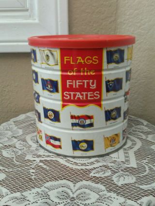 Vintage Metal Hills Brothers Coffee Can Flags Of The Fifty States 1970