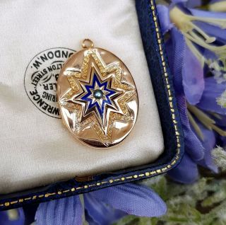 Antique Victorian 18ct Yellow Gold Blue Enamel And Natural Pearl Star Locket