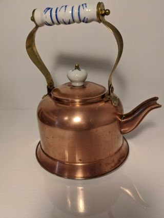 Vintage Old Dutch Copper Tea Kettle Pot With Porcelain Handle Farmhouse Style