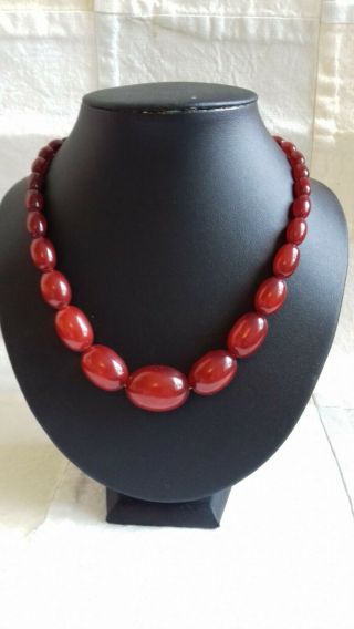 Vintage Cherry Amber Bakelite Marbled Long Bead Necklace 63.  7 Gram