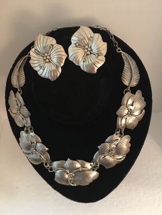 Vintage Signed Carol Felley Sterling Silver Flower Necklace & Earring Set
