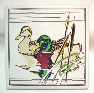 Vintage 4 " Ceramic Art Tile Trivet Two Ducks In Water Cattails By Jasco Taiwan