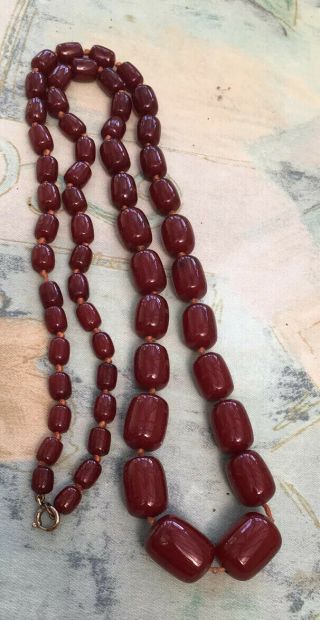 Antique Cherry Amber Bakelite Faturan Necklace Barrel Shaped Beads 87g - Marbled