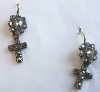 Georgian Rose Diamond Cluster Crucifix Earrings - C.  1750 - 1850 - Austrian