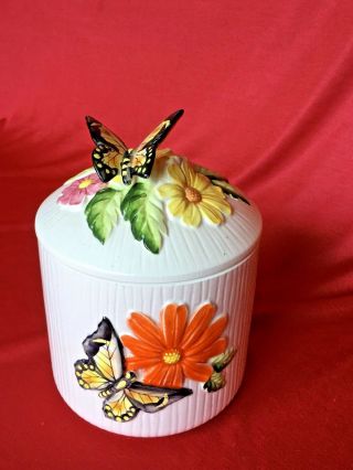 Vintage Butterfly Canister Orange Yellow Pink Flowers Made In Japan