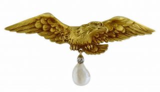 Henry Blank & Co Art Nouveau 14k Gold Freshwater Pearl Diamond Eagle Brooch Pin