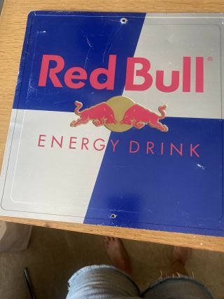 Red Bull Metal Tin Sign W Full Logo Both Sides 10”x10” Bulls In Middle Raised