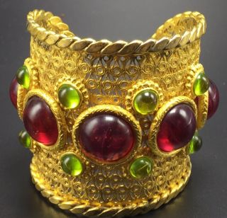 Deanna Hamro Vintage Gold Plated Glass Cabochon Gripoix Wide Cuff Bracelet
