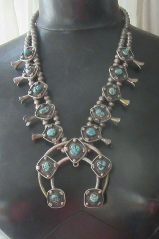Vtg Navajo Sterling Silver Squash Blossom Necklace Nugget Turquoise Large Naja