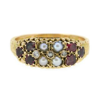 Victorian Ruby Pearl And Diamond Ring In 15ct Yellow Gold Circa 1879
