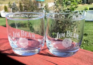 Set Of 2 Vintage Jim Beam Round Rocks Glass,  Thick Heavy Glass Base,  Euc