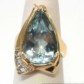 Vintage 6.  50ct Gem Quality Pear Aquamarine 14k Gold Ring 0.  25ctw Diamond 11gram
