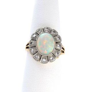 Art Nouveau 14k Gold Platinum Fiery Opal October Birthstone Diamond Halo Ring