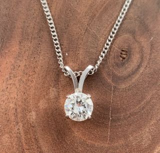 Vintage.  71 Ct White Diamond Solitaire Pendant Necklace 14k White Gold Chain 17”