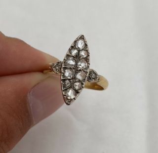 18ct Large Victorian Rose Cut Diamond Marquise Cluster Ring 18k 750.