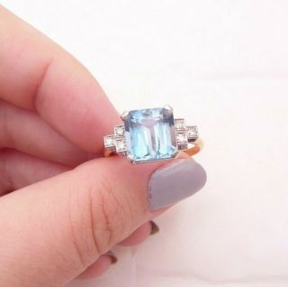 18ct Gold Aquamarine Diamond Ring,  Large Art Deco Design