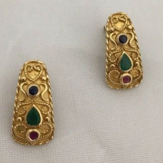 Gorgeous Vintage 18k Gold Clip Earrings W/ Emerald Ruby & Sapphire Greek λς Ωξ82