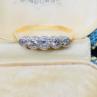 Retro 18ct,  18k,  750 Gold & Platinum,  Diamond Five Stone Engagement Ring,  C1940s
