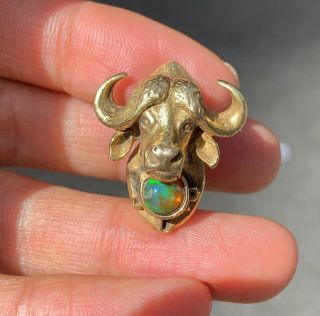 Vintage 14k Gold And Opal Ox Buffalo Brooch Pin