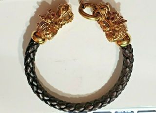 Custom Made Leather Bracelet With 18k Gold Dragon Heads And Ruby Eyes