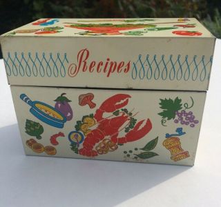 Vintage 1960s Ohio Art Metal Recipe Box Vegetables Seafood Design