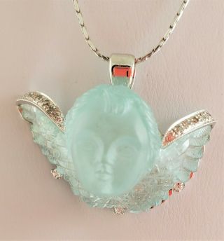 Carved Aquamarine Winged Angel In Relief W Diamonds 14 Kt Gold Chain