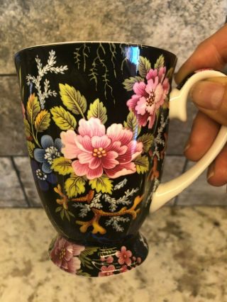 Stechcol Gracie Bone China Black Flowers Pink Blue Green Coffee Mug Tea Cup 12oz