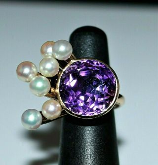 Vintage Custom Made 14k Yellow Gold Amethyst Pearl Cocktail Ring - Mod