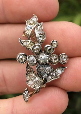 Victorian Edwardian 14k Yellow Gold Old Mine Rose Cut Diamond Flower Pin Brooch