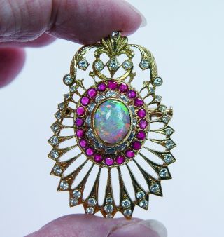 Giant Opal Diamond Ruby 18k Gold Pendant Estate European Lira Hallmark