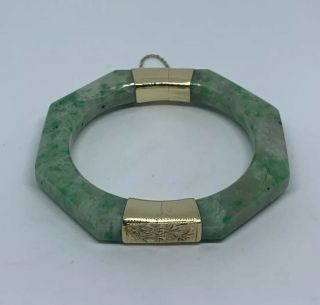 Vintage 14k Gold Natural Carved Octagon Green Jadeite Apple Jade Bangle Bracelet