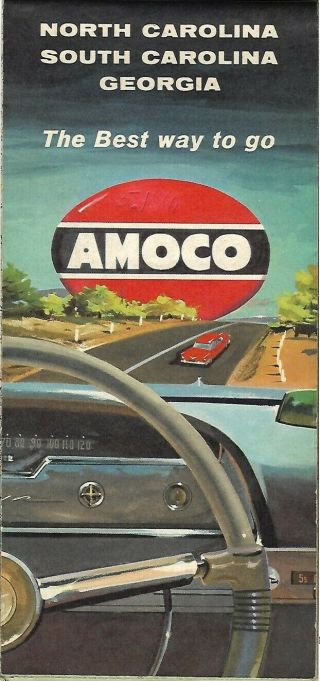 1958 Amoco Road Map North & South Carolina Georgia Atlanta Charleston Asheville