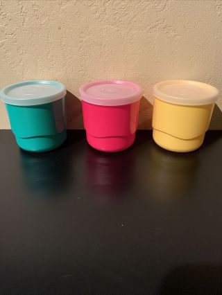 Set Of Three Vintage Tupperware 7 Oz.  Snack Cups Red,  Yellow And Green 2546