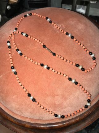 Georgian / Victorian 30” Coral,  Jet,  Pearl Necklace 9 Ct Rose Gold.