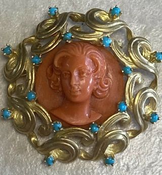 Vintage Solid 14k Yellow Gold Coral Cameo Brooch With Turquoise Stones 19 Grams
