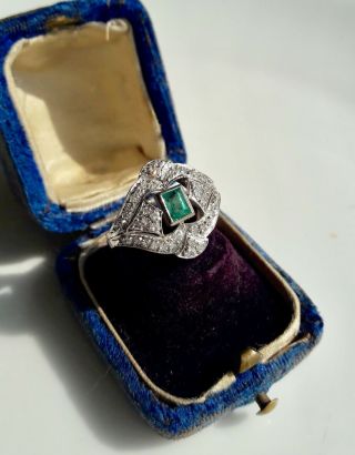 Vintage Art Deco 14k Gold 1.  00 Ct Diamond Colombian Emerald Cocktail Ring Size 6