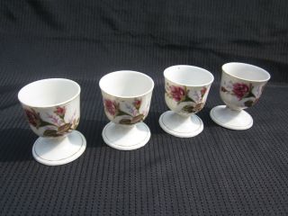 Set Of 4 Vintage White Porcelain Floral Roses Egg Cups Marked Japan
