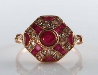 Large 9ct Rose Gold Indian Ruby & Diamond Art Deco Ins Ring Resize