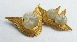Antique 21k Gold French Frosted Crystal Glass Cherub Putti Pin Brooch