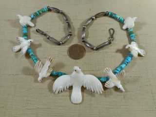 Old Zuni Bird Fetish Necklace Strung On Natural Turquoise Leekya Deyuse