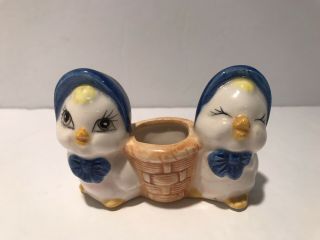 Unique Vintage Toothpick Holder Two Chicks And A Basket Rare