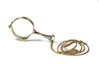 Edwardian Art Nouveau 14k Gold And Guilloche Enamel Lorgnette With Chain