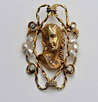Vintage Art Nouveau 14k Yellow Gold Cameo Natural Diamond Biwa Pearl Pin Pendant